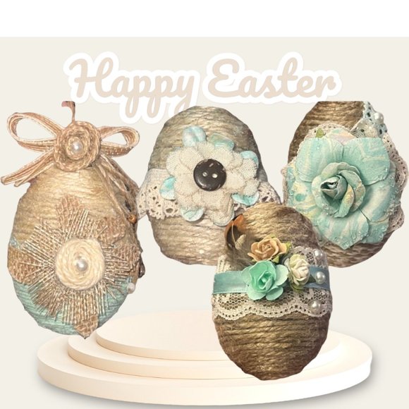 Shabby Chic Mint Green Twine Easter Egg SET (4), Custom Eggs, Farm Easter Décor, - Picture 1 of 15